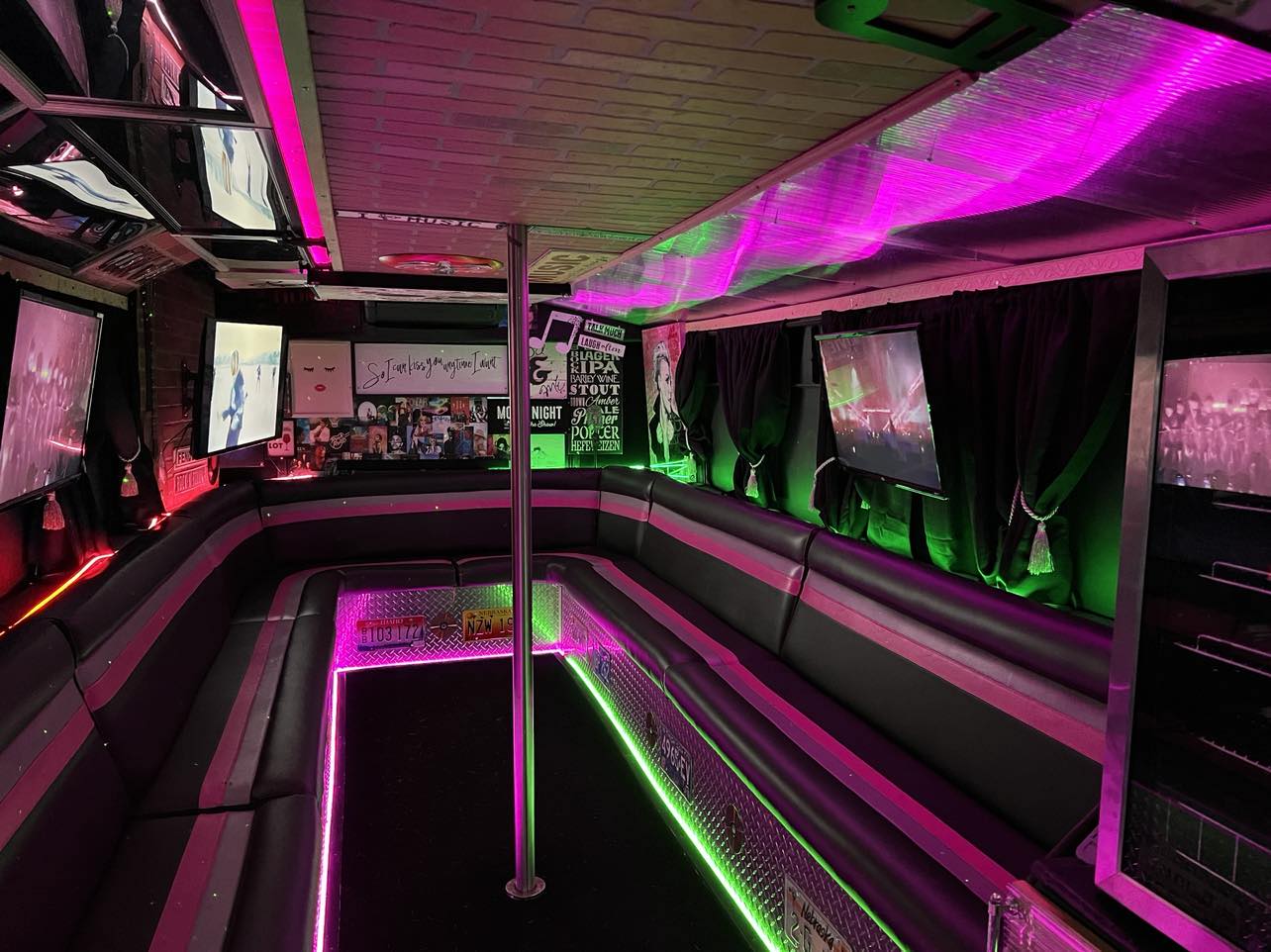 Inside Urban Allure party bus with neon lights